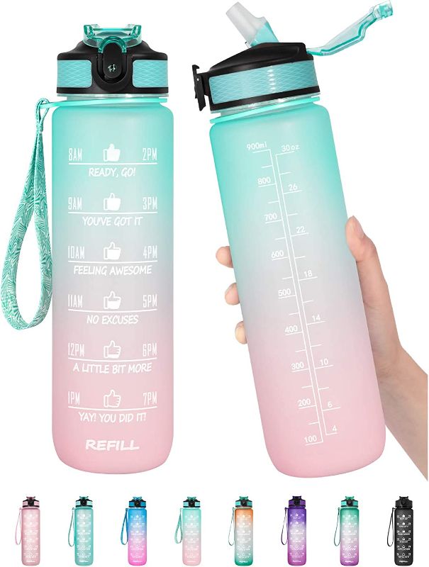 Photo 1 of 32 oz Motivational Water Bottle with Time Marker & Straw - BPA Free & Leakproof Tritian Frosted Portable Reusable Fitness Sport 1L Water Bottle for Men Women Kids Student to Office Gym Workout
