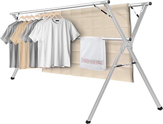 Photo 1 of Sillars Clothes Drying Rack, 94.5 inches Laundry Drying Rack Clothing Foldable & Collapsible Stainless Steel Heavy Duty Clothing Drying Rack with Windproof Hooks for Indoor Outdoor