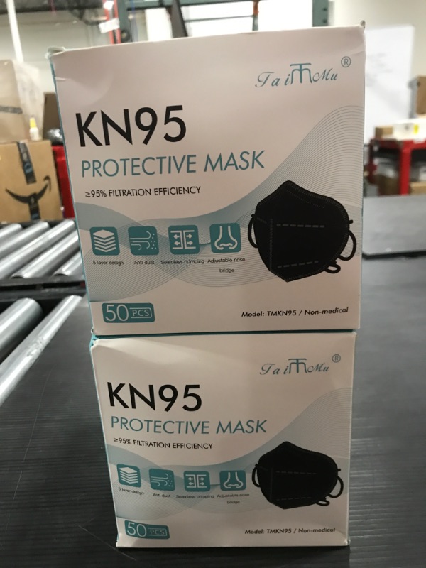 Photo 2 of [2 Pack] Taimu TM KN95 Face Masks for Protection Black Breathable Foldable Protective Masks Against PM2.5, Dust, Air Pollution for Adult, Men, Women(50 PCS)