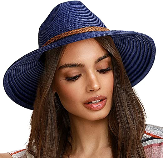Photo 1 of [Size L] FURTALK Sun Hats for Women Summer Wide Brim UV UPF 50+ Panama Fedora Foldable Packable Straw Beach Hat- Navy