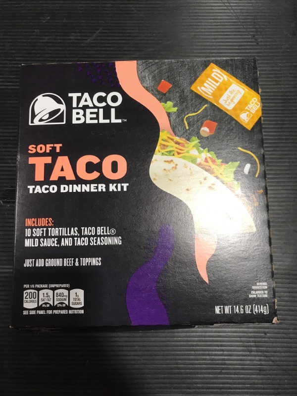 Photo 2 of [EXP 10-22] Taco Bell Soft Taco Dinner Kit with 10 Soft Tortillas, Taco Bell Mild Sauce & Seasoning, 14.6 oz Box