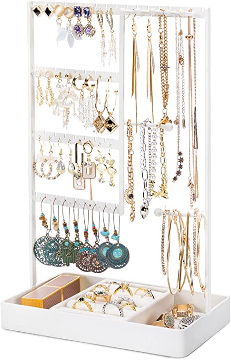 Photo 1 of 
PiQi-Grecge Jewelry Organizer, 4-Tier Earring Organizer with Metal Tray, Jewelry Holder Stand for Necklaces Stud Earrings Bracelets and Rings, Earring Holder (White)/BOX DAMAGED/ JEWELERY NOT INCLUDED