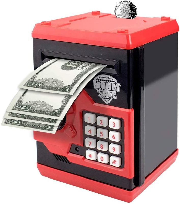 Photo 1 of Suliper Electronic Piggy Bank Code Lock for Kids Baby Mini ATM Real Money Saving Box with Password Automatic Scrolling Money for Kids Boys Girls Birthday Gift (Black/Red)
