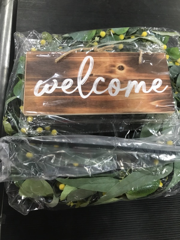 Photo 2 of 20 Inch Welcome Sign Green Eucalyptus Wreath for Front Door- Natural Grapevine with Versatile Silk Leaves - Ideal Spring Summer Fall Decorating for Indoor & Outdoor Use Christmas(White) (Green,White)
