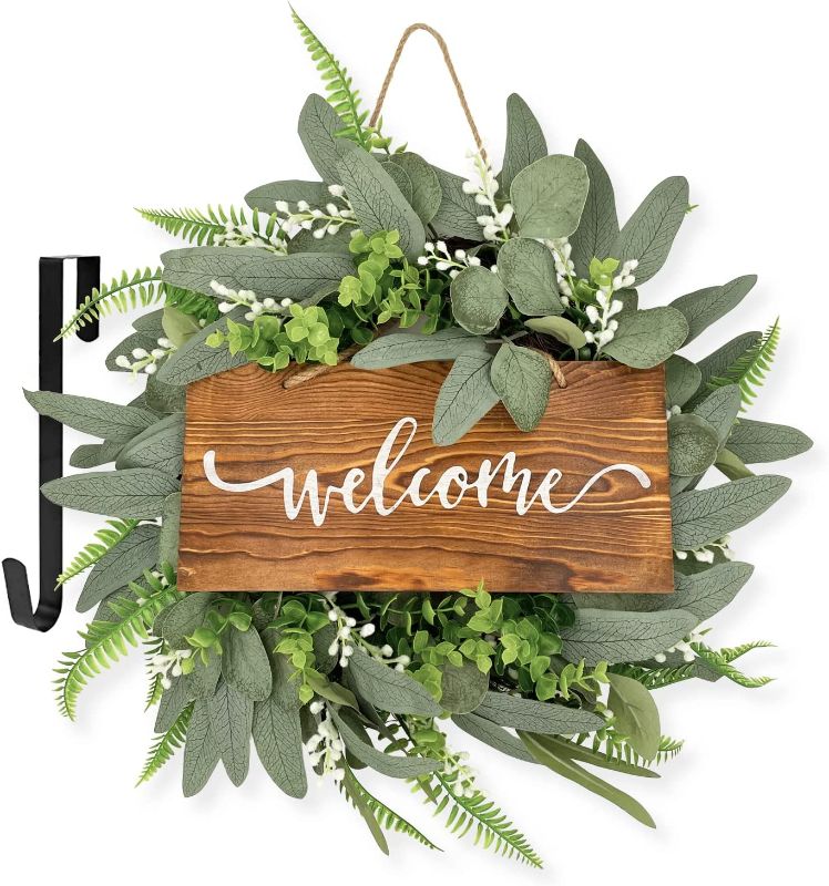 Photo 1 of 20 Inch Welcome Sign Green Eucalyptus Wreath for Front Door- Natural Grapevine with Versatile Silk Leaves - Ideal Spring Summer Fall Decorating for Indoor & Outdoor Use Christmas(White) (Green,White)
