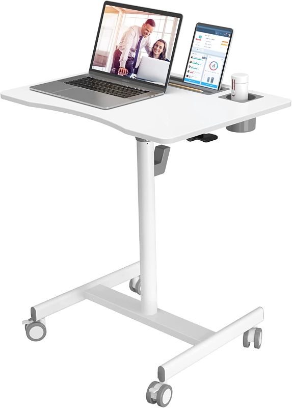 Photo 1 of Joy Seeker Mobile Standing Desk, 28 inch Pneumatic Sit Stand Desk Riser Height Adjustable Rolling Laptop Cart with Lockable Wheels for Home Office Computer Projector Workstation, White