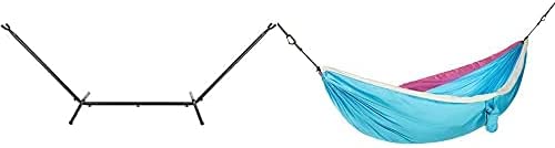 Photo 1 of Amazon Basics Heavy-Duty Hammock Stand, Includes Portable Carrying Case, 9-Foot, Black & Amazon Basics Lightweight Extra-Strong Nylon Double Camping Hammock- Sky Blue/White