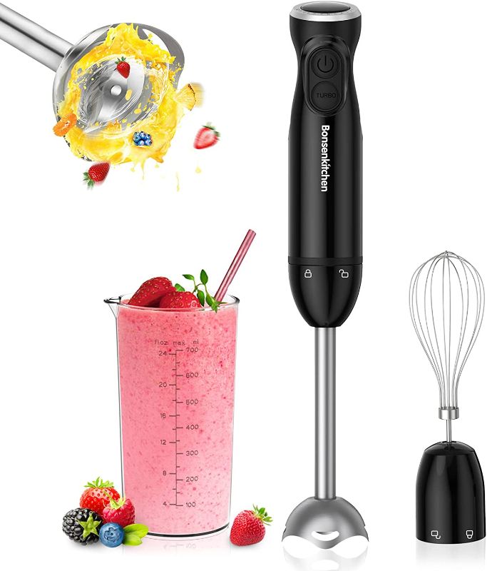 Photo 1 of Bonsenkitchen Immersion Blender Handheld, 12-Speed and Turbo Hand Blender Electric with Sharp Blades, 3-In-1 Hand Held Stick Blender with Egg Whisk, 700ml Beaker for Soups, Smoothies, Sauce

