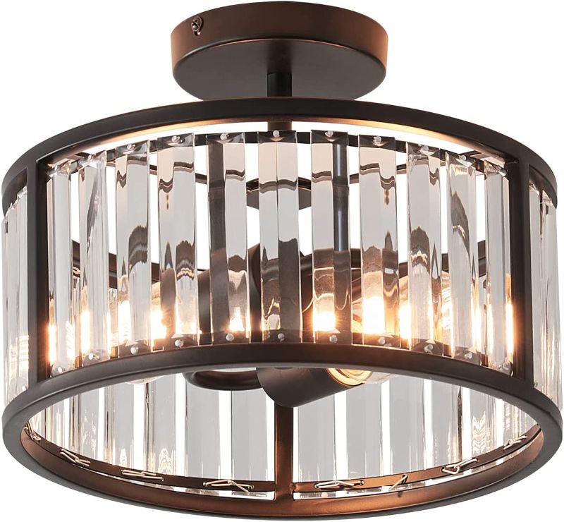 Photo 1 of 
Semi Flush Mount Ceiling Light Fixture, Hallway Small Crystal Drum Light Fixtures Ceiling Mount, 2 Light Black Caged Closed to Ceiling Light (Black)