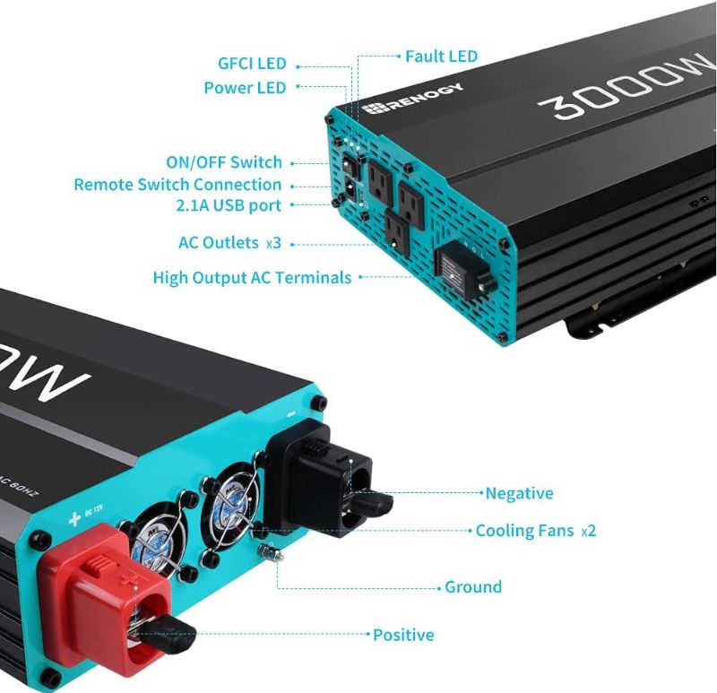 Photo 1 of Renogy 3000W Pure Sine Wave Inverter 12V DC to 120V AC Converter for Home, RV, Truck, Off-Grid Solar Power Inverter 12V to 110V with Built-in 5V/2.1A USB Port, AC Hardwire Port, Remote Controller 3TOTAL POWER OUTLET 

