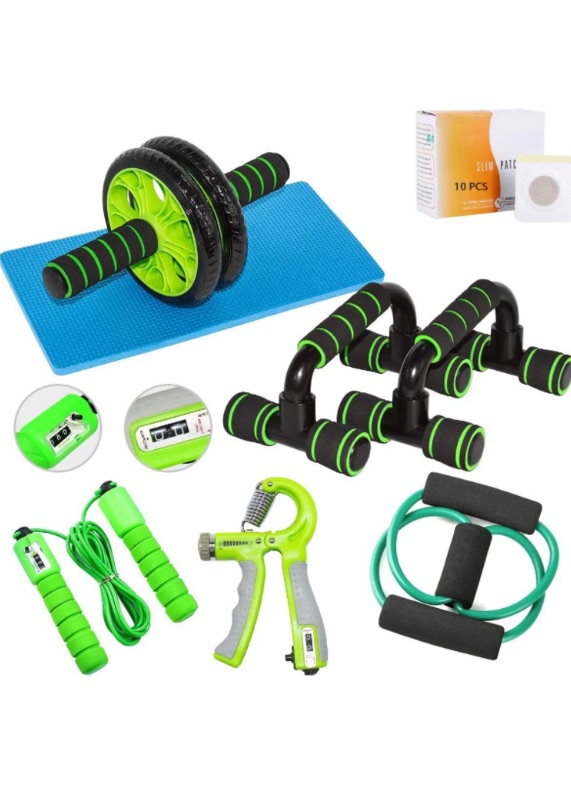 Photo 1 of 3.9 out of 5 stars9 Reviews
7 in 1 AB Wheel Roller Kit with Abdominal Wheel,Handles Push-UP Bar, Counting Jump Rope, Counting Hand Gripper,Knee Pad,Resistant Band,Weight Loss Sticker for Home Exercise