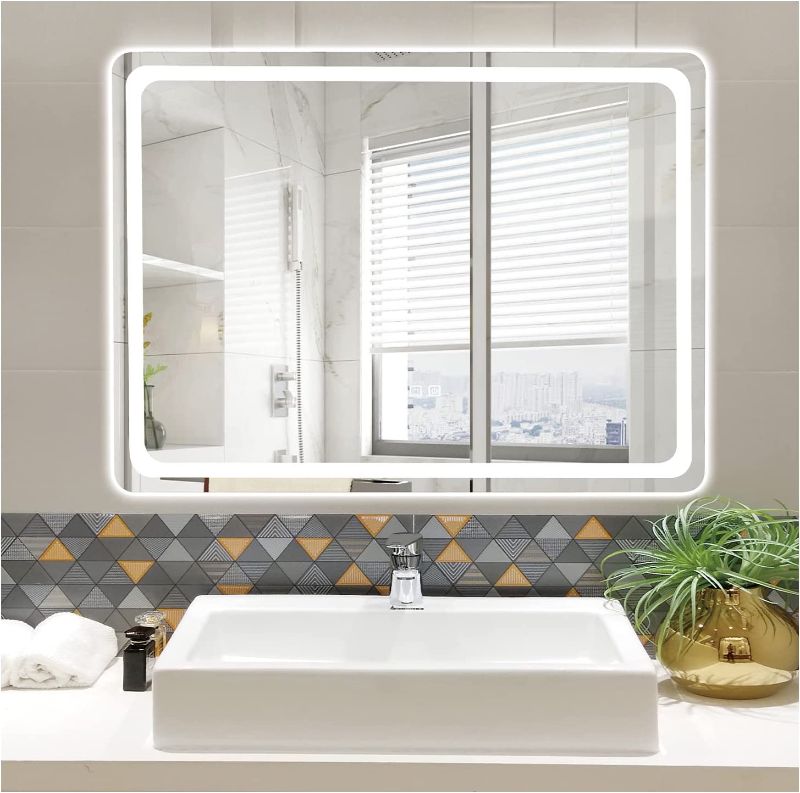 Photo 1 of SINOY LED Bathroom Mirror 24"x32" Wall Mounted, Rectangle Lighted Vanity Mirror Anti-Fog Waterproof Mirror with Dimmable Lights, Touch Button Control Modern Style for M