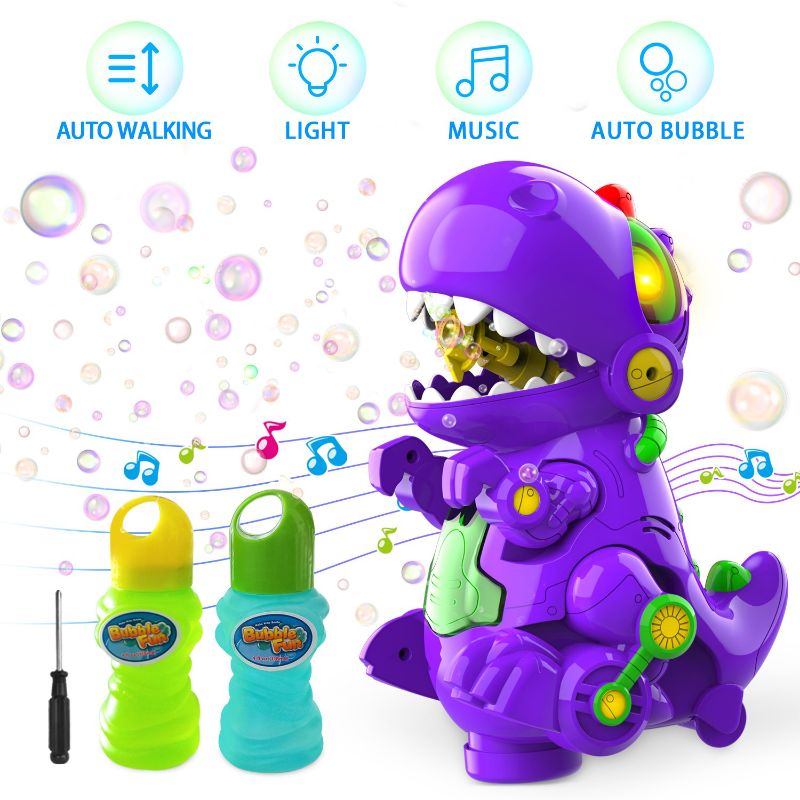 Photo 1 of  Bubble Machine 8.6 Inch Automatic Bubble Blower Dinosaur Bubble Toy for Kids Boys Girls,1000+ Bubbles Per Minute,Walk & Keep Still, Music & Light,Bump N Go Feature,2 Bubble Solution
