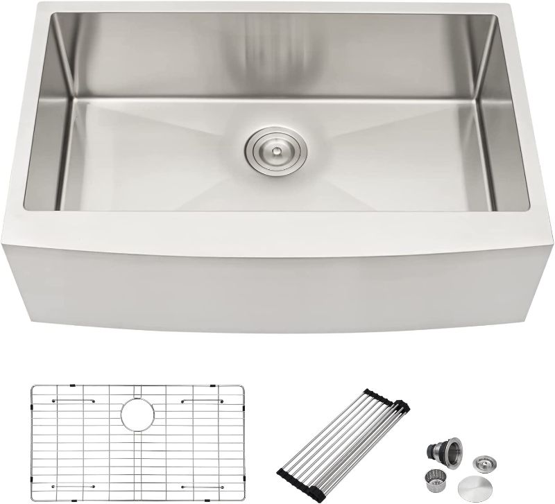 Photo 1 of 36 Stainless Farmhouse Sink, Dcolora 36 Inch Farm Kitchen Sink Apron Front Stainless Steel 16 Gauge Round Corner Single Bowl Farm Kitchen Sink
