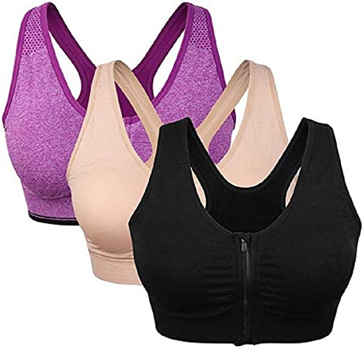 Photo 1 of 3 Pack Women's Zip Front Sports Bra Wireless Post-Surgery Bra Active Yoga Sports Bras,Front Close Builtup Sports Bra--size XXL
