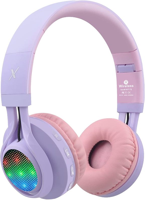 Photo 1 of Riwbox WT-7S Bluetooth Headphones Light Up, Foldable Stero Wireless Headset with Microphone and Volume Control for PC/Cell Phones/TV/iPad (Purple)
