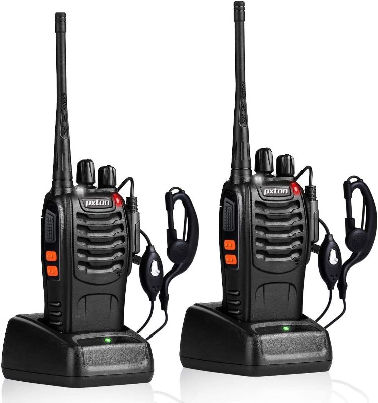 Photo 1 of pxton Walkie Talkies Rechargeable Long Range Two-Way Radios with Earpieces,2-Way Radios UHF Handheld Transceiver Walky Talky with Flashlight Li-ion Battery and Charger?2 Pack?**MISSING 1 BATTERY CHARGER**
