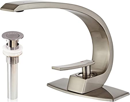 Photo 1 of Wovier Brushed Nickel Bathroom Sink Faucet with Supply Hose,Cover Plate and Pop Up Drain,Unique Design Single Handle Single Hole Lavatory Faucet,Basin Mixer Tap Commercial
