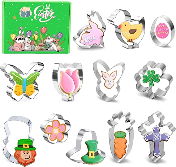 Photo 1 of 2 PACK Easter Cookie Cutter Set 12-Packs - Bunny, Rabbit Face, Chick, Carrot, Flower, Butterfly, Holy Cross Stainless Steel Molds for Holiday Party
