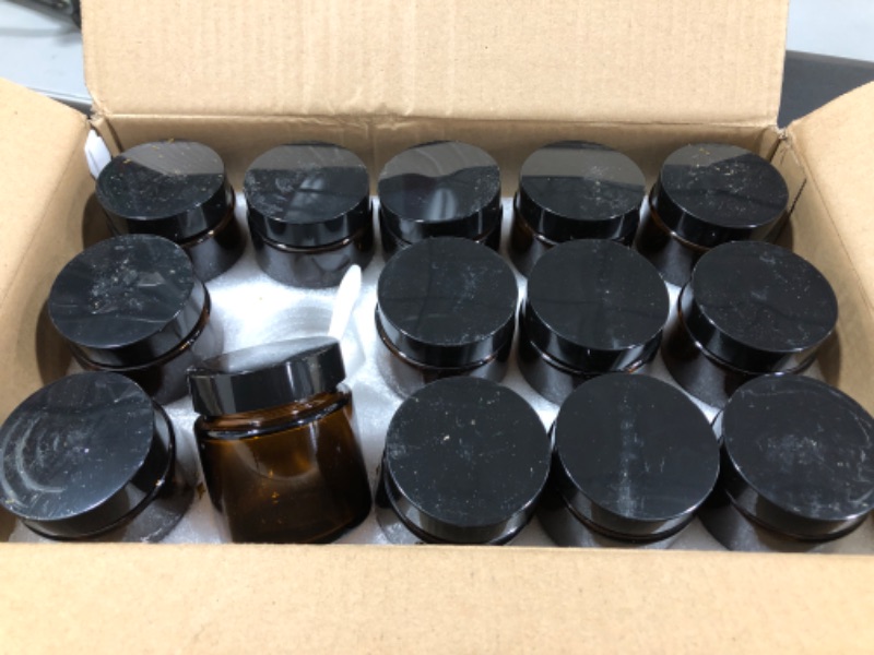 Photo 2 of 15 Pack 4 oz Amber Glass Jars with Lids, Round Empty Containers for Scrubs, Lotions, Cosmetic, Ointments and Butters, Travel Storage Jar with White Inner Liners £¬Black Lids, lables and Spatulas https://a.co/d/gSiYFTG