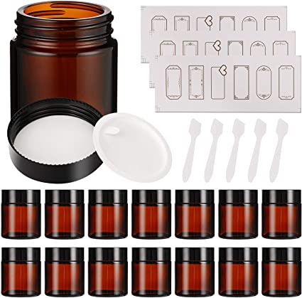 Photo 1 of 15 Pack 4 oz Amber Glass Jars with Lids, Round Empty Containers for Scrubs, Lotions, Cosmetic, Ointments and Butters, Travel Storage Jar with White Inner Liners £¬Black Lids, lables and Spatulas https://a.co/d/gSiYFTG