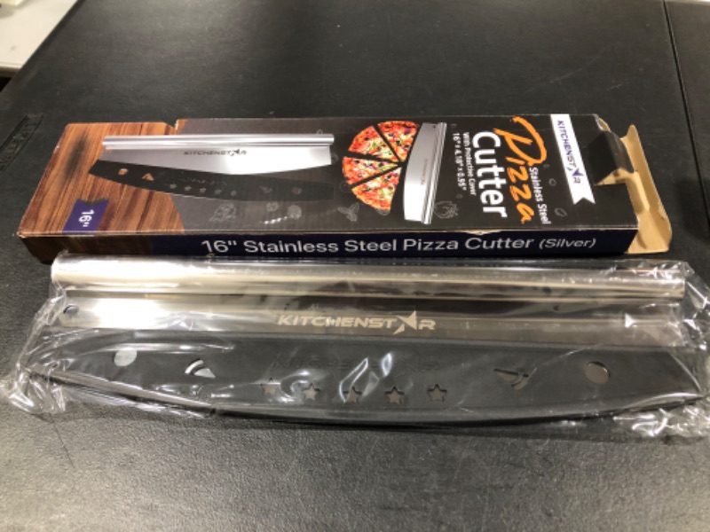 Photo 2 of 16" Pizza Cutter by KitchenStar | Sharp Stainless Steel Slicer Knife - Rocker Style w Blade Cover | Chop and Slices Perfect Portions + Dishwasher Safe - Premium Pizza Accessories
