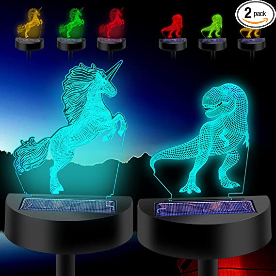 Photo 1 of 3D Solar Lawn Lights,Twosnails LED Outdoor Solar Lights Decorative 5 Colors Changing as Gifts for Kids Girls Boys, Beautiful Solar Flower Lights for Pathway Patio Yard Deck Walkway (Dinosaur Unicorn)
