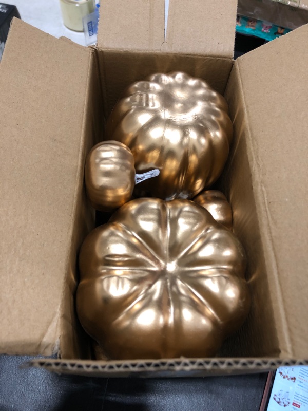 Photo 2 of 12 Pcs Artificial Pumpkins Decor Bulk Fake White Gold Pumpkins with Acorns Pinecones for Halloween Thanksgiving Table Harvest Fall Decorations
