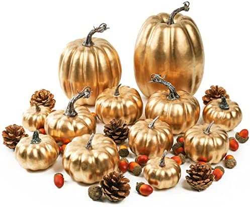 Photo 1 of 12 Pcs Artificial Pumpkins Decor Bulk Fake White Gold Pumpkins with Acorns Pinecones for Halloween Thanksgiving Table Harvest Fall Decorations
