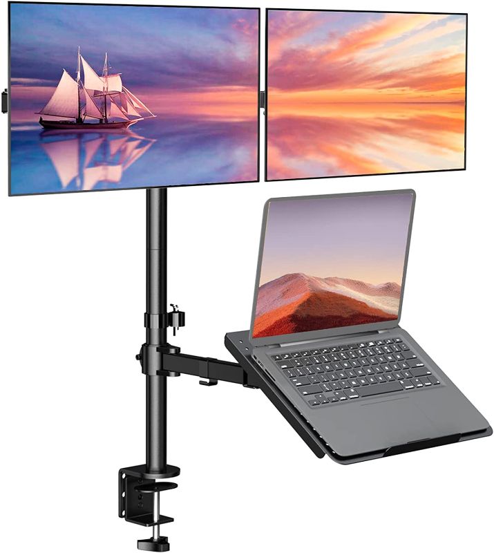 Photo 1 of WALI Dual Monitor Stand, Laptop and Monitor Stand for 2 Screen 1 Laptop Notebook, Extra Tall Desk Mount for Monitor up to 27 inch, Notebook up to 17 inch (M002XLLP), Black