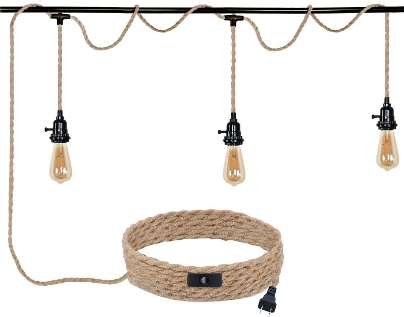 Photo 1 of ALAISLYC 3 Light Plug in Pendant Lights Cord Hanging Lamp Kit with Switch 22 Ft Long Hemp Rope Farmhouse Pndant Light Cord Lighting Fixture Kits DIY Hanging Light
