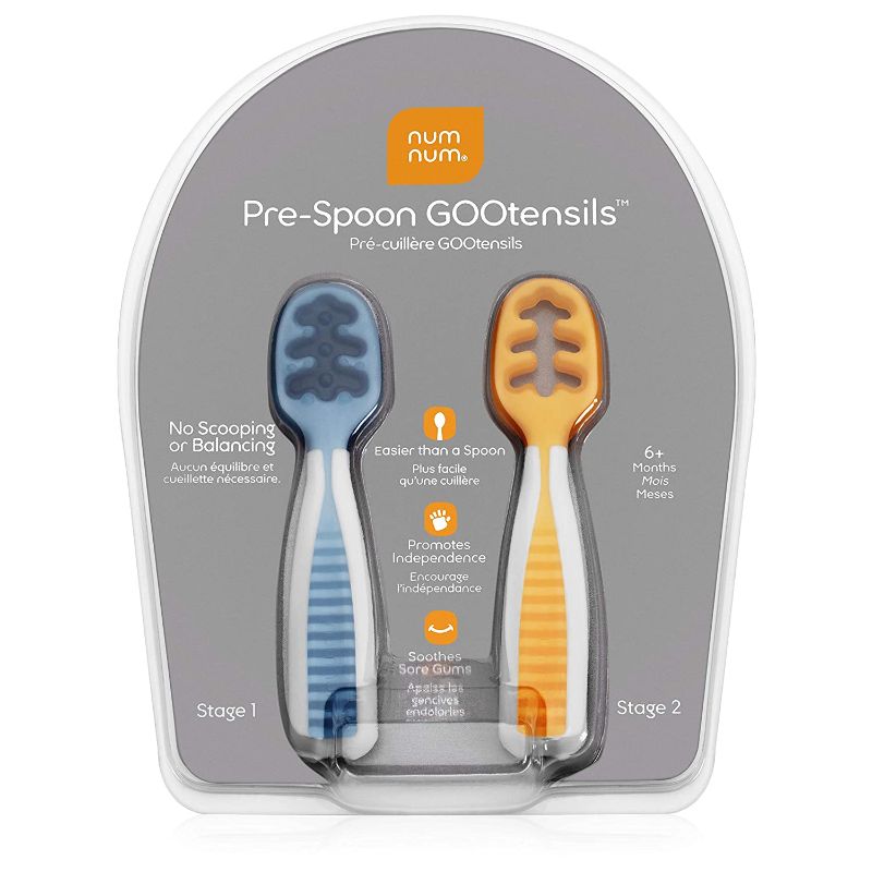 Photo 1 of NumNum Pre-Spoon GOOtensils | Baby Spoon Set (Stage 1 + Stage 2) | BPA Free Silicone Self Feeding Toddler Utensils | for Kids Ages 6 Months+, 1-Pack, Two Spoons, Blue/Orange
