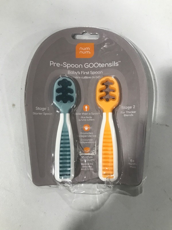 Photo 2 of NumNum Pre-Spoon GOOtensils | Baby Spoon Set (Stage 1 + Stage 2) | BPA Free Silicone Self Feeding Toddler Utensils | for Kids Ages 6 Months+, 1-Pack, Two Spoons, Blue/Orange
