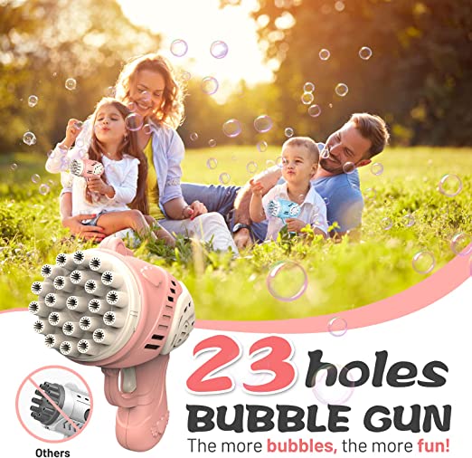 Photo 1 of Bubble Machine Gun - New 23 Holes Bubble Machine with Bubble Refill Solution for Kids Toddlers, Handheld Bubble Maker Portable Bubble Blaster with 2X Speed for Kids Party Favors Birthday Gift (Pink)
