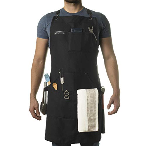 Photo 2 of Asaya Chef, BBQ and Work Apron with Bottle Opener and Hand Towel - Durable 10oz Cotton Canvas, Brass Hardware and Cross Back Straps - for Men, Women,
