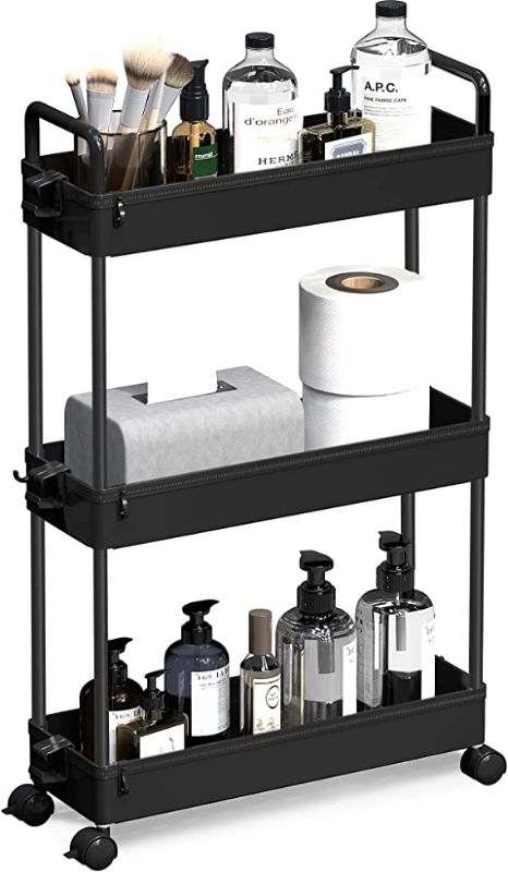 Photo 1 of SOLEJAZZ Slim Storage Cart, 3 Tier Bathroom Cart Organizer Mobile Shelving Unit Rolling Utility Cart, Slide Out Organizer for Kitchen, Bathroom, Laundry, Narrow Places, Black
