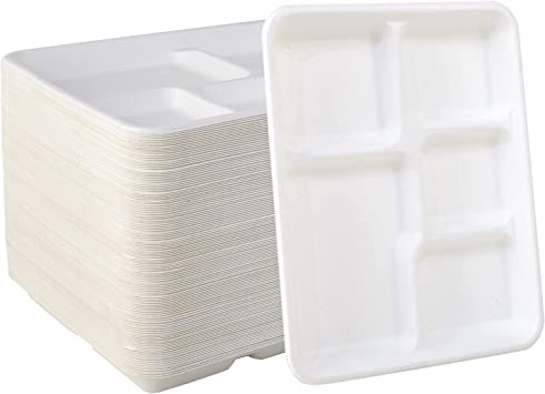 Photo 1 of 100% Compostable 5 Compartment Plates 125 Pack Eco-Friendly Disposable Sugarcane 10 *8 inch Bagasse School Lunch Tray Perfect for Boys and Girls
