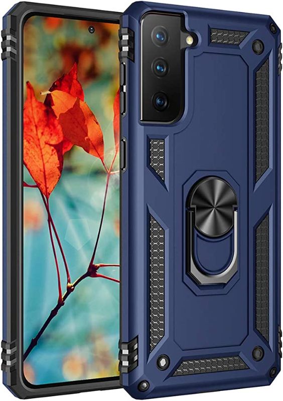 Photo 1 of Military Grade Drop Impact for Samsung Galaxy S21 Plus Case Galaxy S21 Plus 5G Case 360 Metal Rotating Ring Kickstand Holder Armor Heavy Duty Shockproof Case for Galaxy S21 Plus Phone Case (Blue)