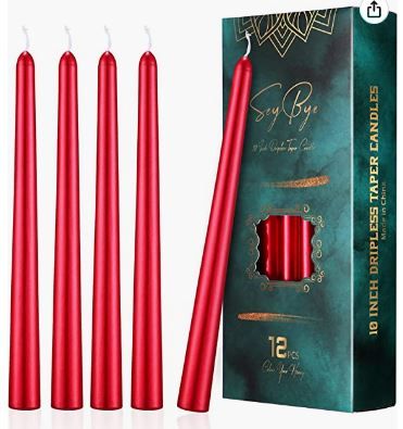 Photo 1 of 10 Inch Taper Candles, 12 Pack Tall Unscented Dripless Candles with Cotton Wicks Perfect for Dinner, Party, Wedding or Farmhouse Decor, 7-9 Hour Burn Time- 7/8" Base (10 inch/Glossy, Red)
