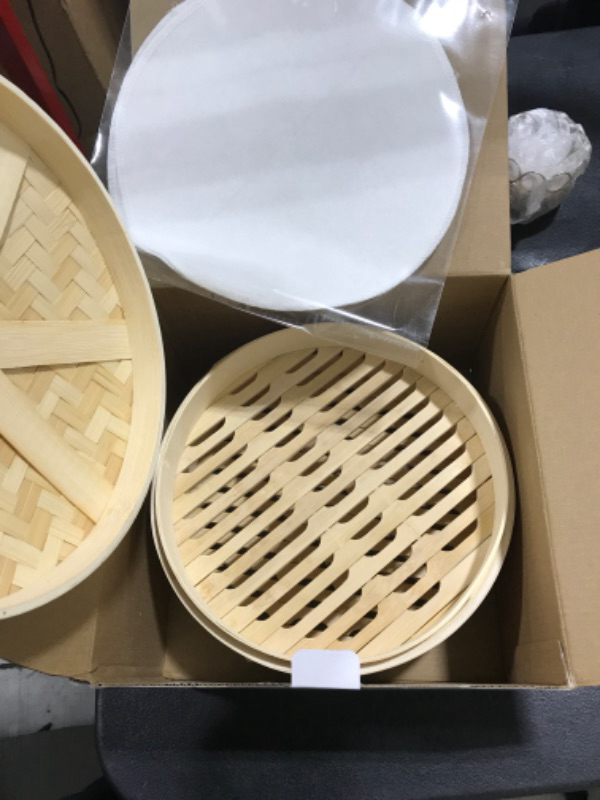 Photo 3 of 3-Piece Set 10 Inch Bamboo Steamer Basket for Dim Sum, Buns, and Dumplings