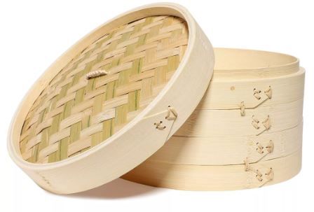 Photo 1 of 3-Piece Set 10 Inch Bamboo Steamer Basket for Dim Sum, Buns, and Dumplings