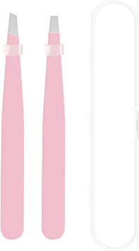 Photo 1 of 2 sets of 2 Pack (total items is 4) Slant Tip Professional Stainless Steel Eyebrow Tweezers Pink