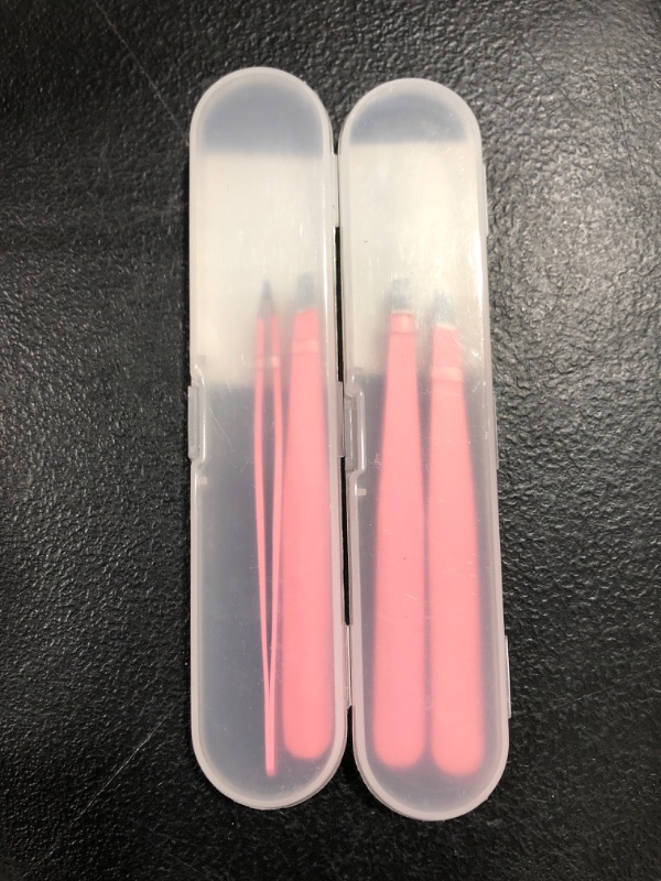 Photo 2 of 2 sets of 2 Pack (total items is 4) Slant Tip Professional Stainless Steel Eyebrow Tweezers Pink