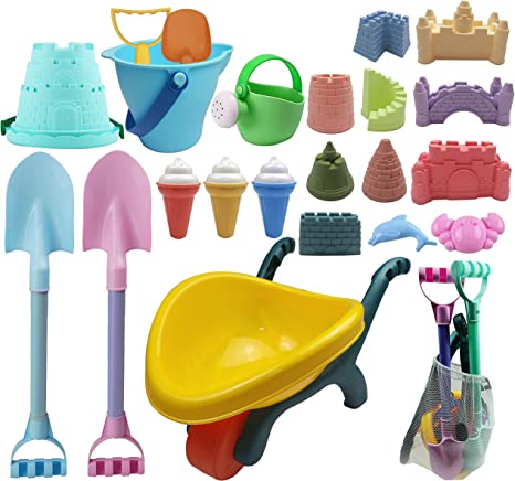 Photo 1 of  Long Shovels Sand Toys Set with Mesh Bag Including Wheelbarrow, Castle Building Kit Beach Buckets, Shovels, Rakes, Molds, Outdoor Beach Toys Tool Kit for Kids, Toddlers, Boys and Girls (23 PCS)