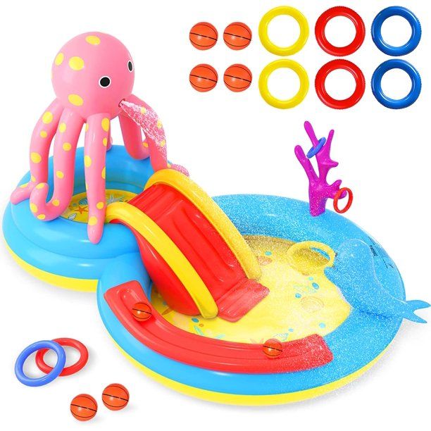 Photo 1 of Inflatable Play Center, Kids Kiddie Pools with Slide for Outdoor Garden Backyard Water Park, Octopus Dolphin Ball Roll Toss Games for Toddler Outside Summer, 117'' X 73.2'' X 65''
