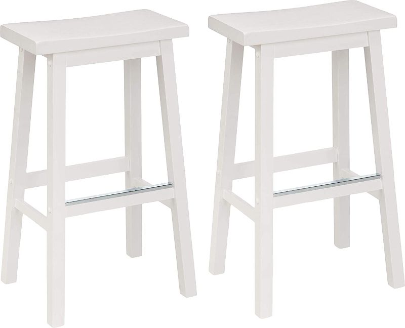 Photo 1 of Amazon Basics Solid Wood Saddle-Seat Kitchen Counter Barstool - Set of 2, 29-Inch Height, White
