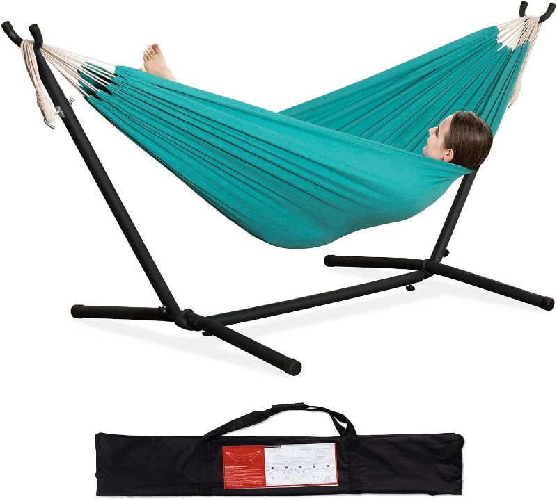 Photo 1 of PNAEUT Double Hammock with Space Saving Steel Stand 2 Person Heavy Duty Garden Yard Outdoor 450lb Capacity Hammocks and Portable Carrying Bag ( Aqua )
