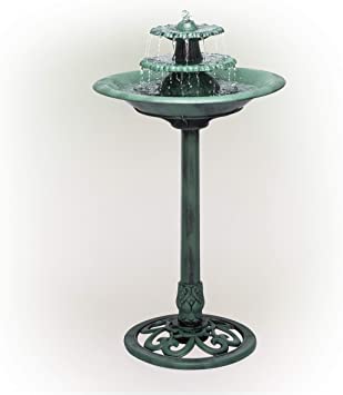 Photo 1 of Alpine Corporation 35" Tall Outdoor 3-Tiered Pedestal Water Fountain and Birdbath, Green