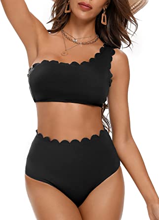 Photo 1 of 2 Piece One Shoulder Swimsuits for Women, High Waisted Bottom Scalloped Bikini Set, Petals Solid Wavy Edge Top Bathing Suits SIZE M