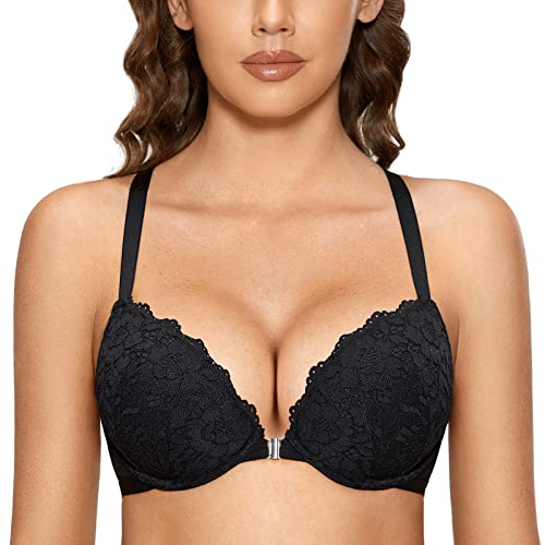 Photo 1 of  Women's Push up Bra Racerback Front Closure Bras Lace Padded Underwire Plunge Floral Black 36B
